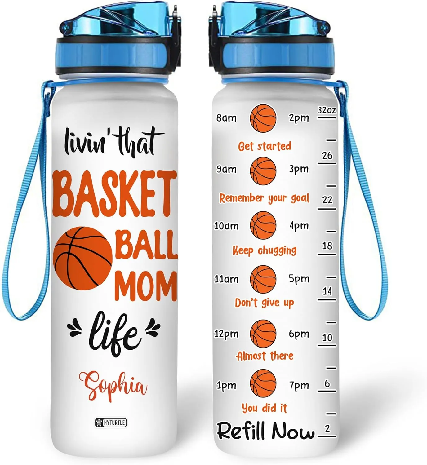 Hyturtle Personalized Mom Life Water Bottle - 32oz Motivational Water Bottle with Leak-Proof Lid & Time Marker - Basketball Custom Name Gift for Mom On Birthday Mother's Day Christmas