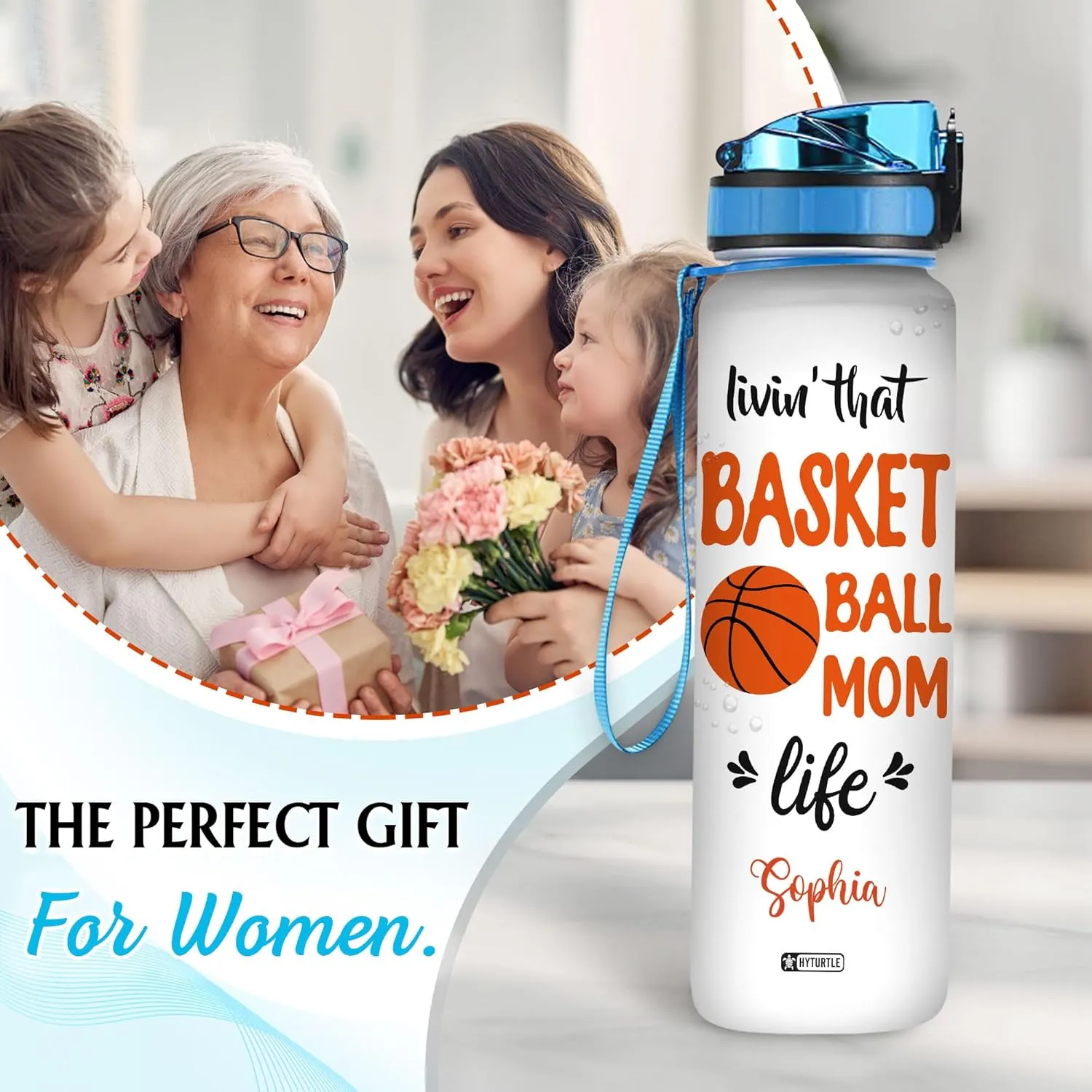 Hyturtle Personalized Mom Life Water Bottle - 32oz Motivational Water Bottle with Leak-Proof Lid & Time Marker - Basketball Custom Name Gift for Mom On Birthday Mother's Day Christmas