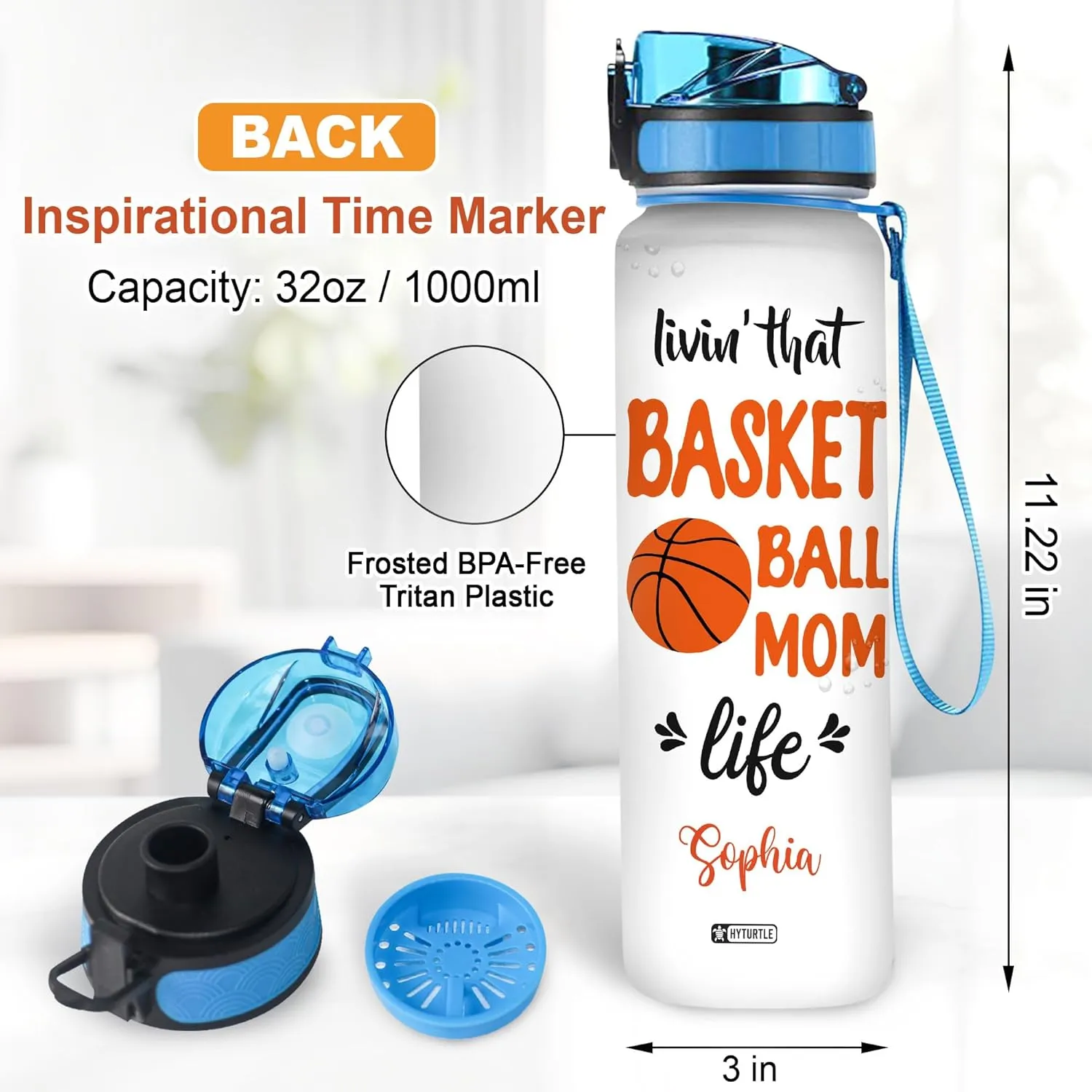 Hyturtle Personalized Mom Life Water Bottle - 32oz Motivational Water Bottle with Leak-Proof Lid & Time Marker - Basketball Custom Name Gift for Mom On Birthday Mother's Day Christmas