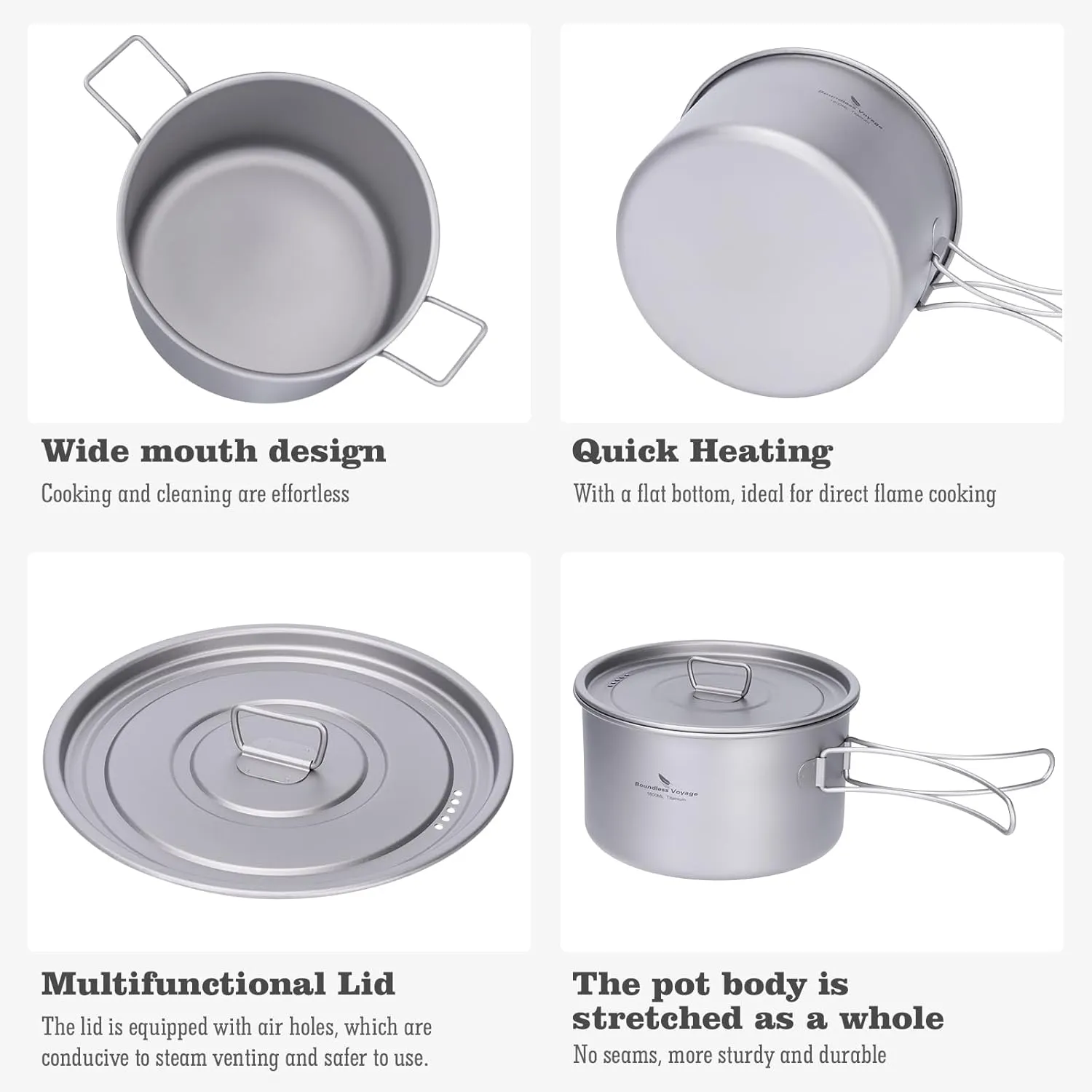iBasingo 1.2L 1.8L 2.4L Titanium Pots Set with Lid Camping Cookware with Foldable Handle Portable Lightweight Cooking Kit Outdoor Kitchen Cooking Kit for Backpacking Hiking Picnic Fishing Ti2109C