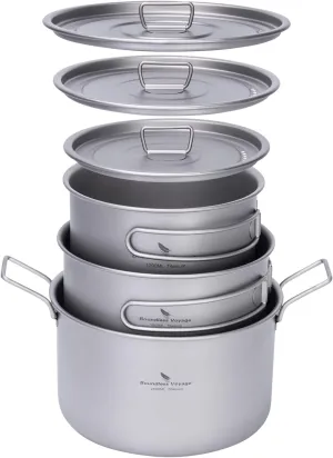 iBasingo 1.2L 1.8L 2.4L Titanium Pots Set with Lid Camping Cookware with Foldable Handle Portable Lightweight Cooking Kit Outdoor Kitchen Cooking Kit for Backpacking Hiking Picnic Fishing Ti2109C