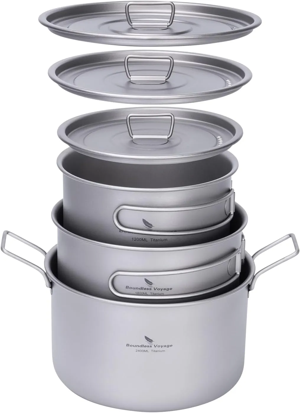iBasingo 1.2L 1.8L 2.4L Titanium Pots Set with Lid Camping Cookware with Foldable Handle Portable Lightweight Cooking Kit Outdoor Kitchen Cooking Kit for Backpacking Hiking Picnic Fishing Ti2109C