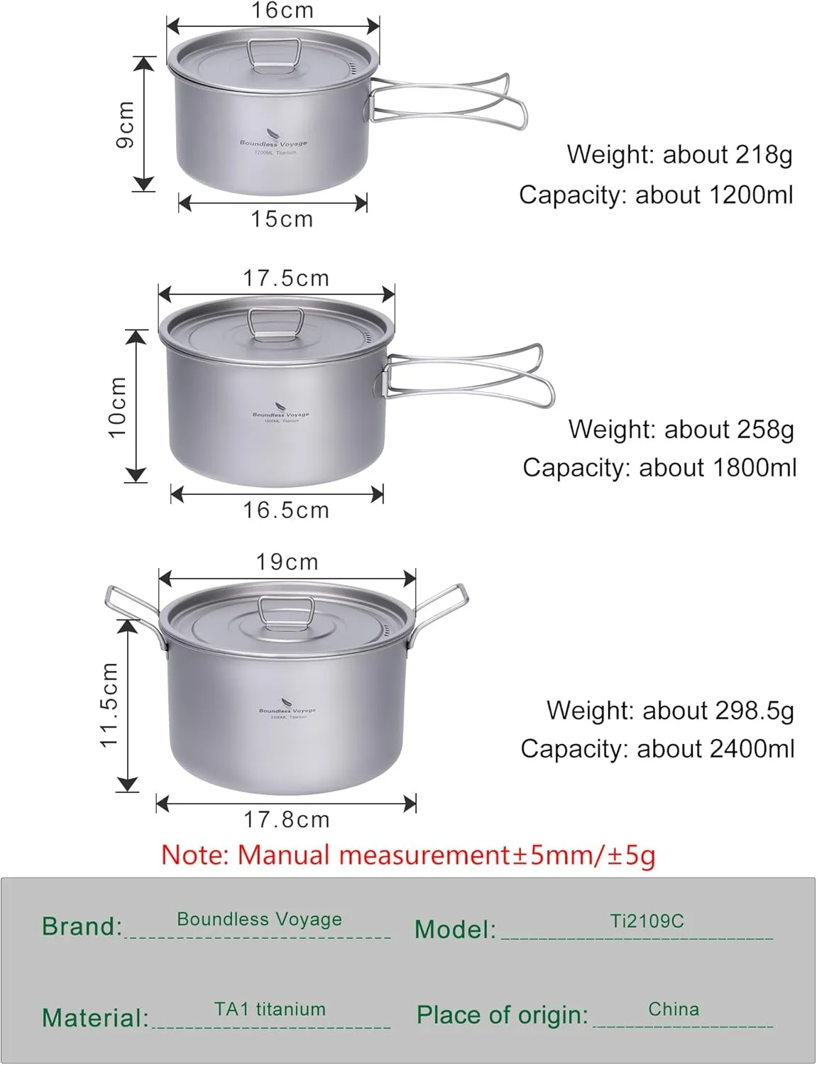 iBasingo 1.2L 1.8L 2.4L Titanium Pots Set with Lid Camping Cookware with Foldable Handle Portable Lightweight Cooking Kit Outdoor Kitchen Cooking Kit for Backpacking Hiking Picnic Fishing Ti2109C
