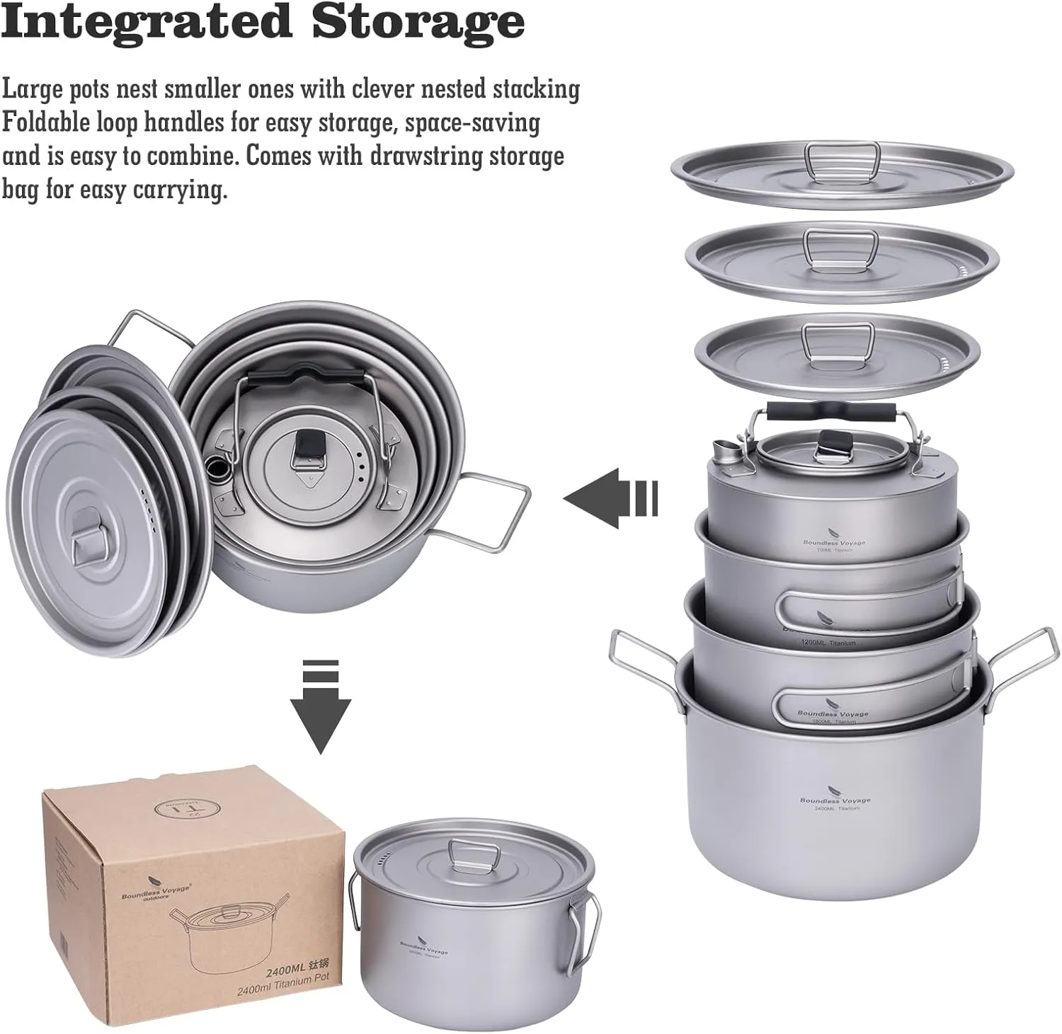 iBasingo 1.2L 1.8L 2.4L Titanium Pots Set with Lid Camping Cookware with Foldable Handle Portable Lightweight Cooking Kit Outdoor Kitchen Cooking Kit for Backpacking Hiking Picnic Fishing Ti2109C