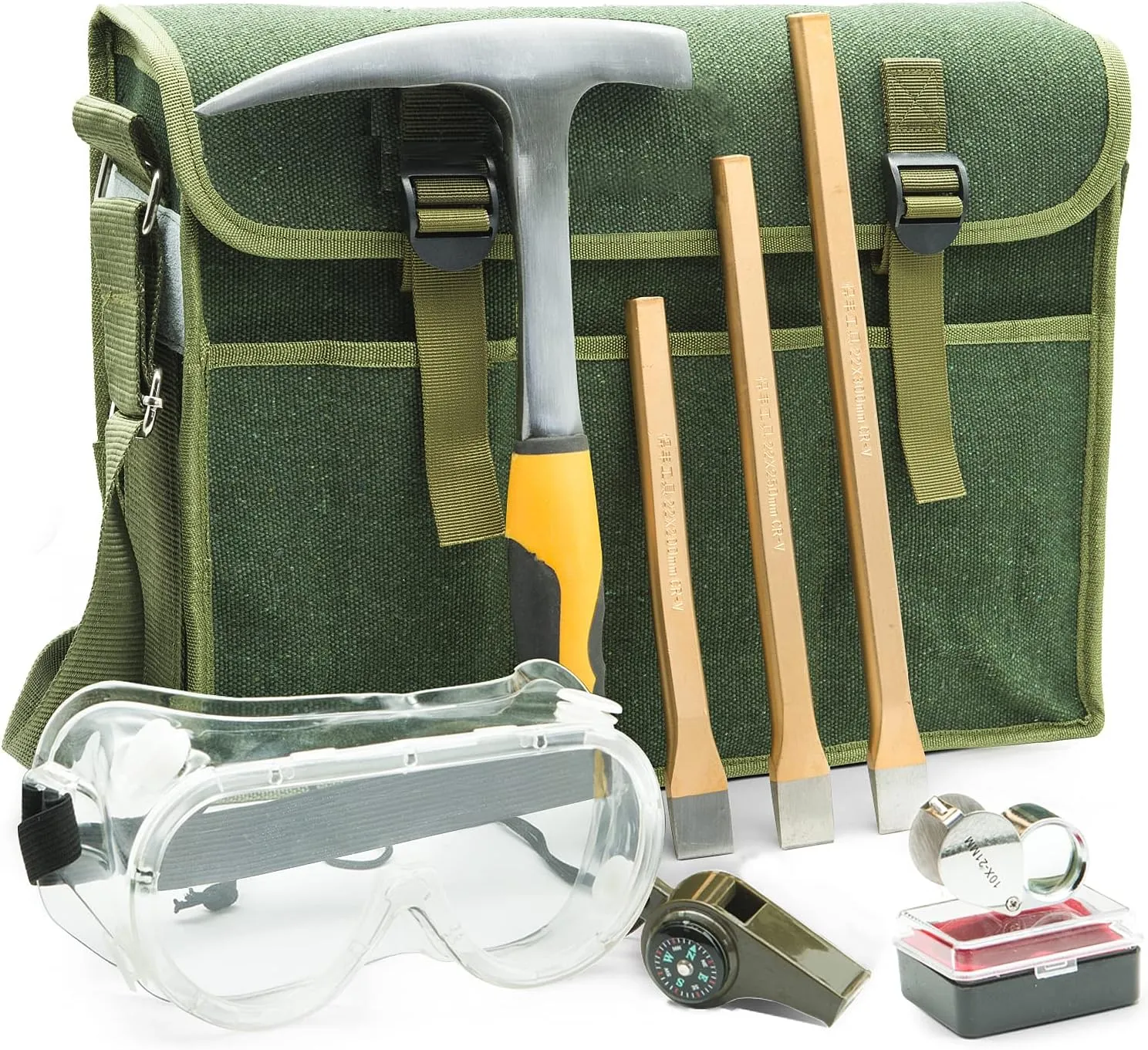 INCLY Rock hounding Geology Hammer Tool, 32oz Rock Pick Hammer, 3 PCS Digging Chisels Kit, Hounding Equipment Set with Musette Bag, Compass, Whistle for Gold Panning Gem Mining