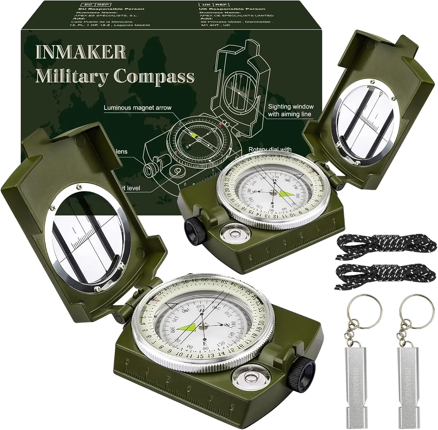 INMAKER Compass, Compass Hiking with Survival Whistle, Luminous Compass Gift for Kids, Apply to Outdoor Survival, Camping and Navigation