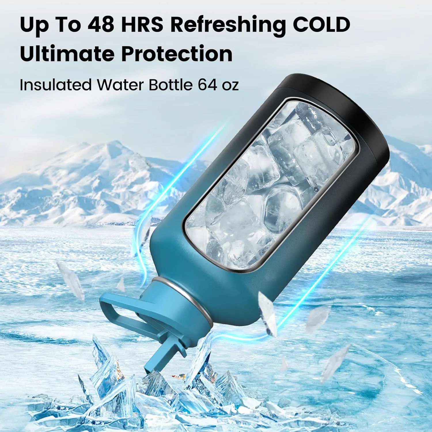 Insulated Water Bottle 64 oz, Triple Wall Vacuum Stainless Steel(Cold for 48 Hrs),Leak Proof & BPA-Free,Half Gallon Water Bottle with Reflective Paracord & Flip Straw for Sports & Travel, Indigo-Black