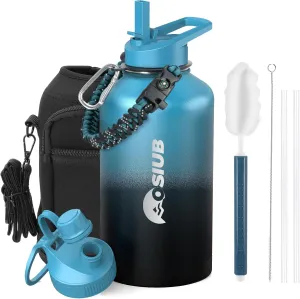 Insulated Water Bottle 64 oz, Triple Wall Vacuum Stainless Steel(Cold for 48 Hrs),Leak Proof & BPA-Free,Half Gallon Water Bottle with Reflective Paracord & Flip Straw for Sports & Travel, Indigo-Black