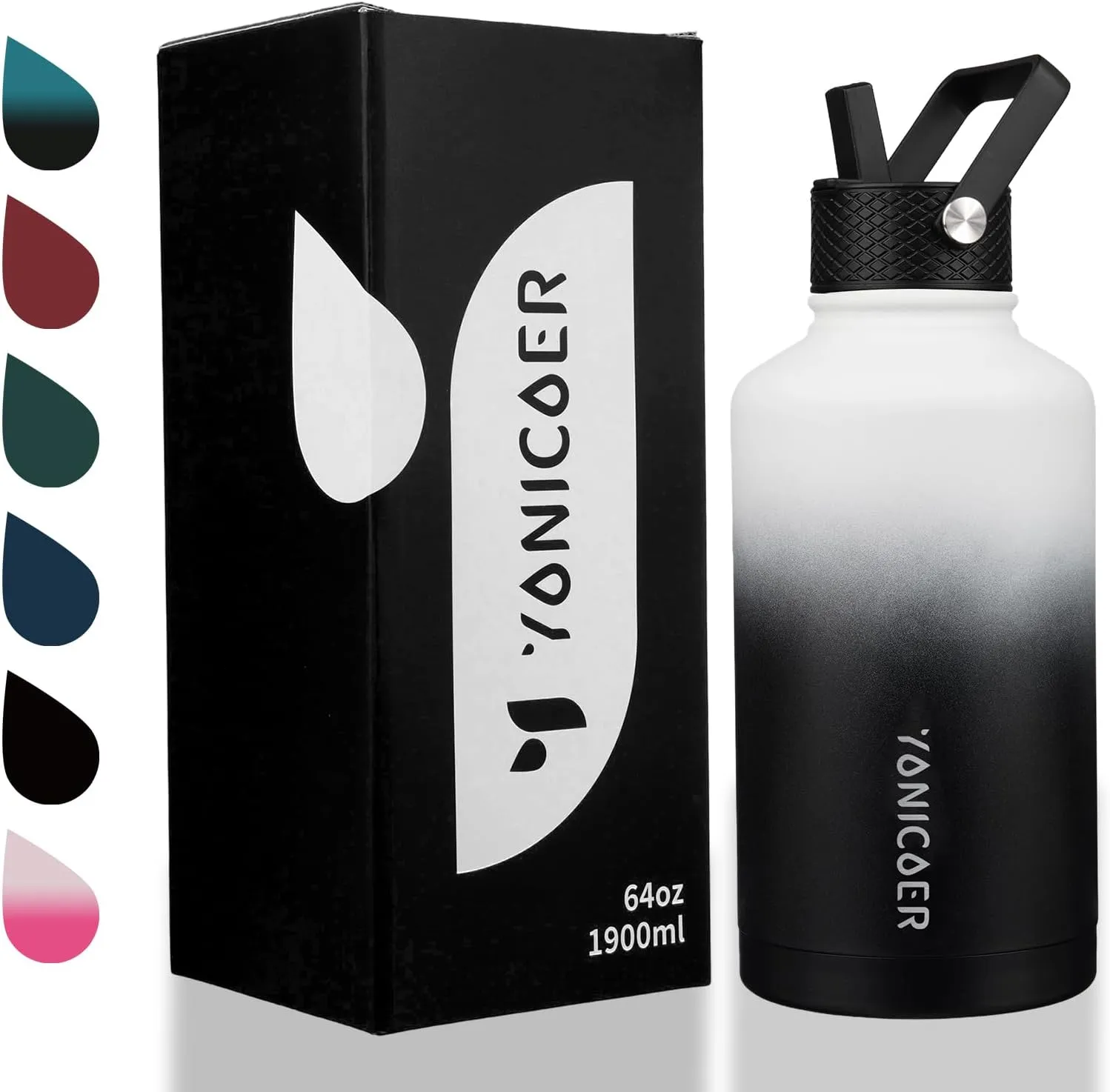 Insulated Water Bottle 64oz,Triple Wall Vacuum Stainless Steel(Dishwasher Safe),Leak Proof & Non-BPA,Flask Jug with Paracord Handle & Straw Spout Lids Sports Gradient black