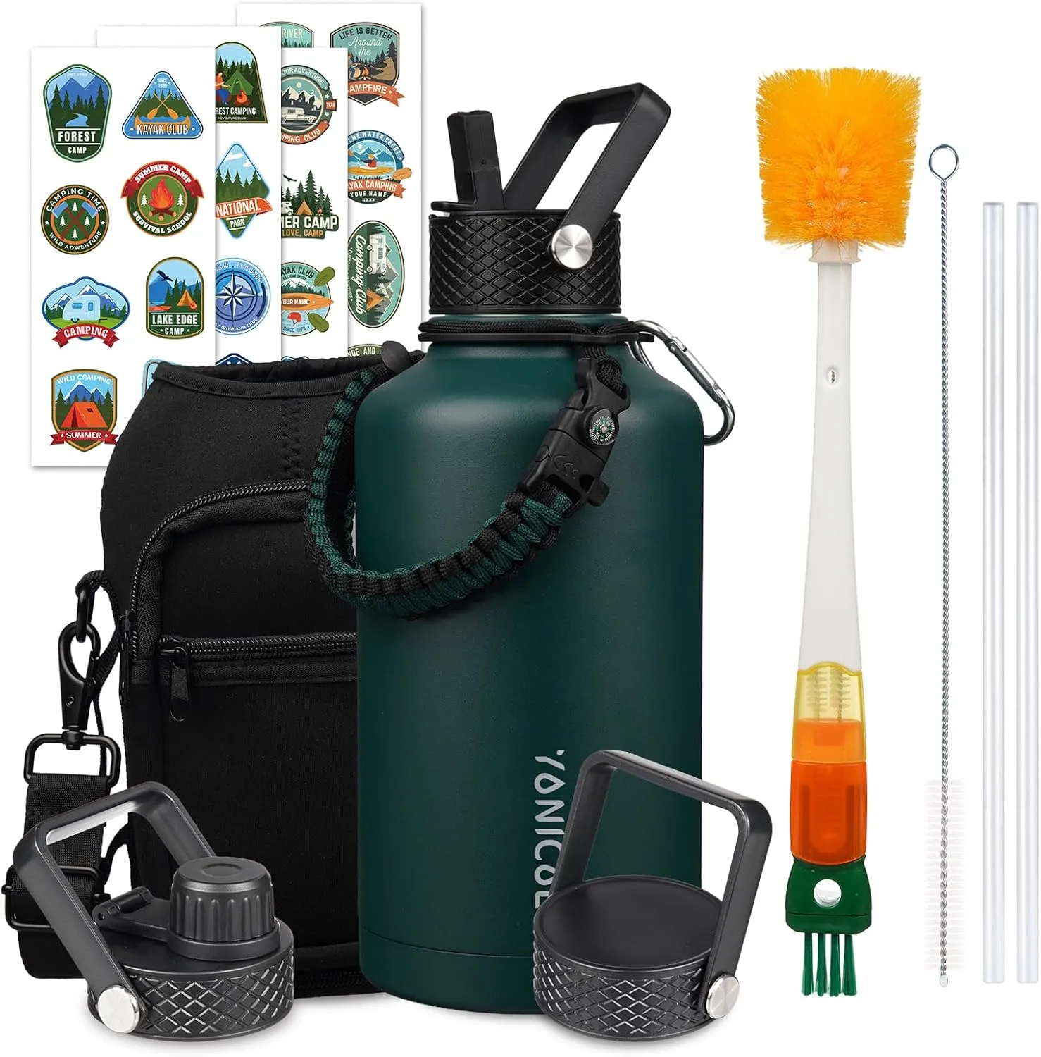 Insulated Water Bottle 64oz,Triple Wall Vacuum Stainless Steel(Dishwasher Safe),Leak Proof & Non-BPA,Flask Jug with Paracord Handle & Straw Spout Lids Sports Green