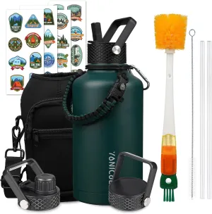 Insulated Water Bottle 64oz,Triple Wall Vacuum Stainless Steel(Dishwasher Safe),Leak Proof & Non-BPA,Flask Jug with Paracord Handle & Straw Spout Lids Sports Green