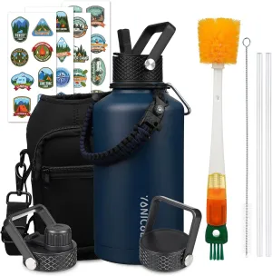Insulated Water Bottle 64oz,Triple Wall Vacuum Stainless Steel(Dishwasher Safe),Leak Proof & Non-BPA,Flask Jug with Paracord Handle & Straw Spout Lids Sports Navy Blue