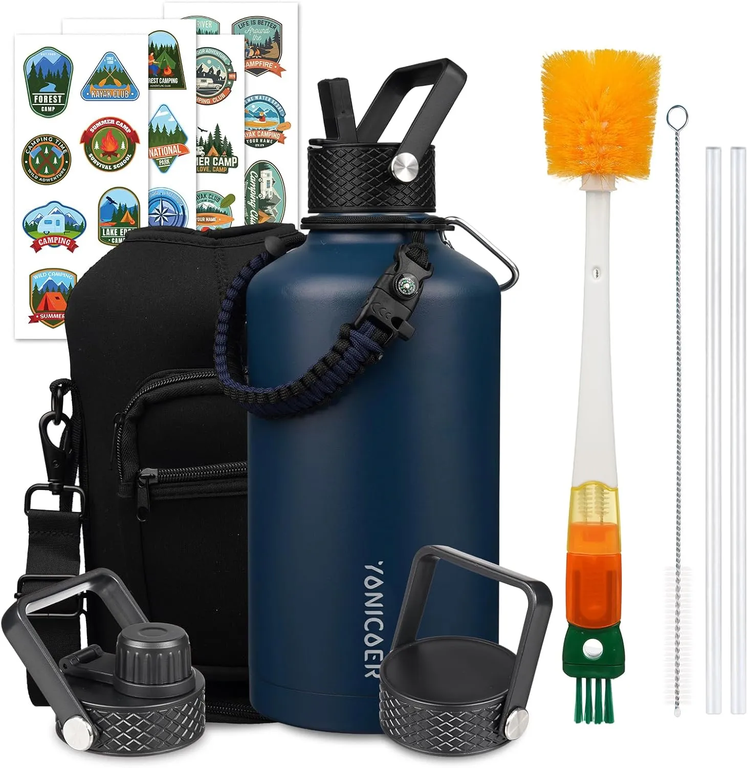 Insulated Water Bottle 87oz,Triple Wall Vacuum Stainless Steel(Dishwasher Safe),Leak Proof & Non-BPA,Flask Jug with Paracord Handle & Straw Spout Lids Sports Navy Blue