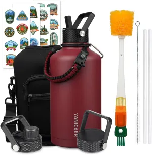 Insulated Water Bottle 87oz,Triple Wall Vacuum Stainless Steel(Dishwasher Safe),Leak Proof & Non-BPA,Flask Jug with Paracord Handle & Straw Spout Lids Sports Red