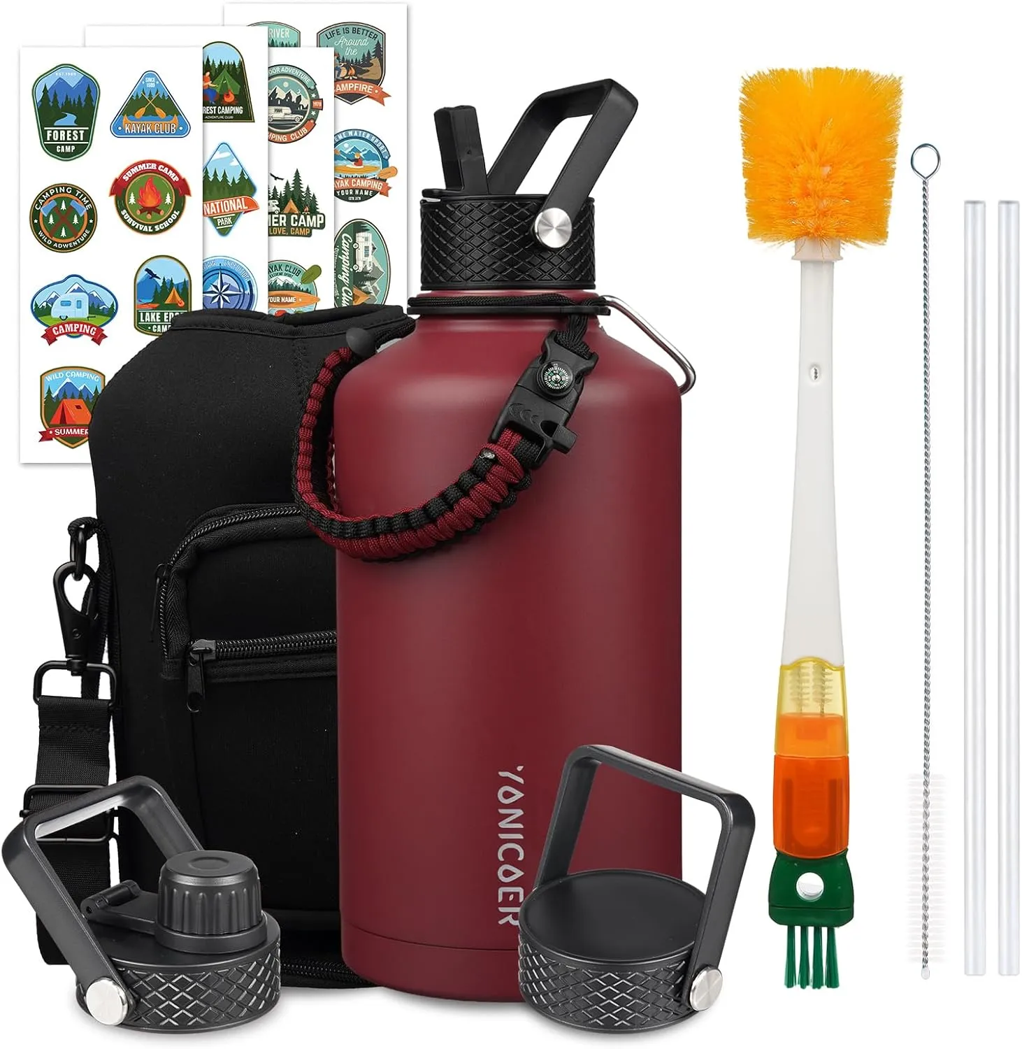 Insulated Water Bottle 87oz,Triple Wall Vacuum Stainless Steel(Dishwasher Safe),Leak Proof & Non-BPA,Flask Jug with Paracord Handle & Straw Spout Lids Sports Red
