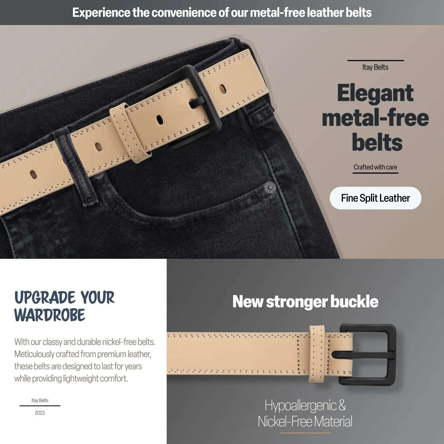 ITAY Metal Free Hypoallergenic Leather TSA Belt Strap, Sturdy Men's Adjustable Nickel Free Belt