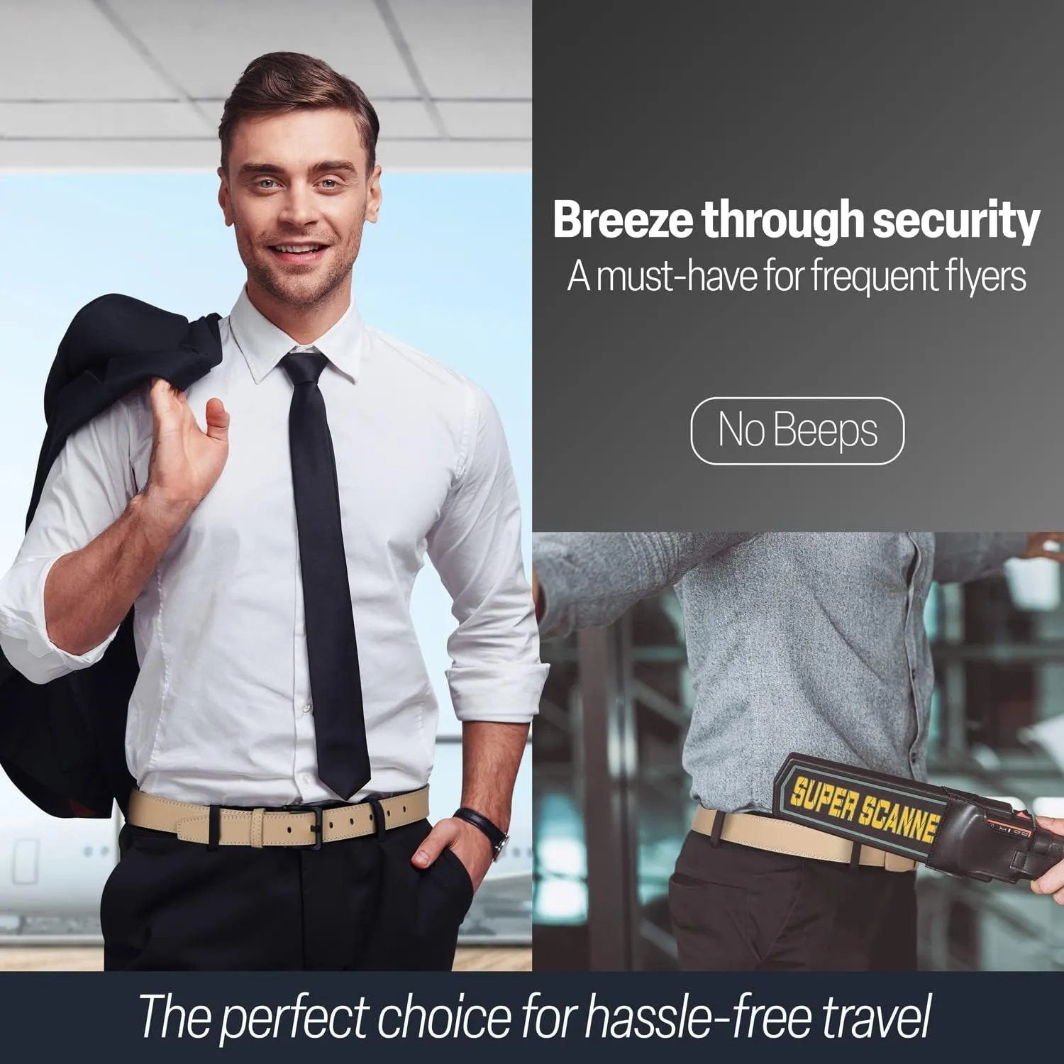 ITAY Metal Free Hypoallergenic Leather TSA Belt Strap, Sturdy Men's Adjustable Nickel Free Belt