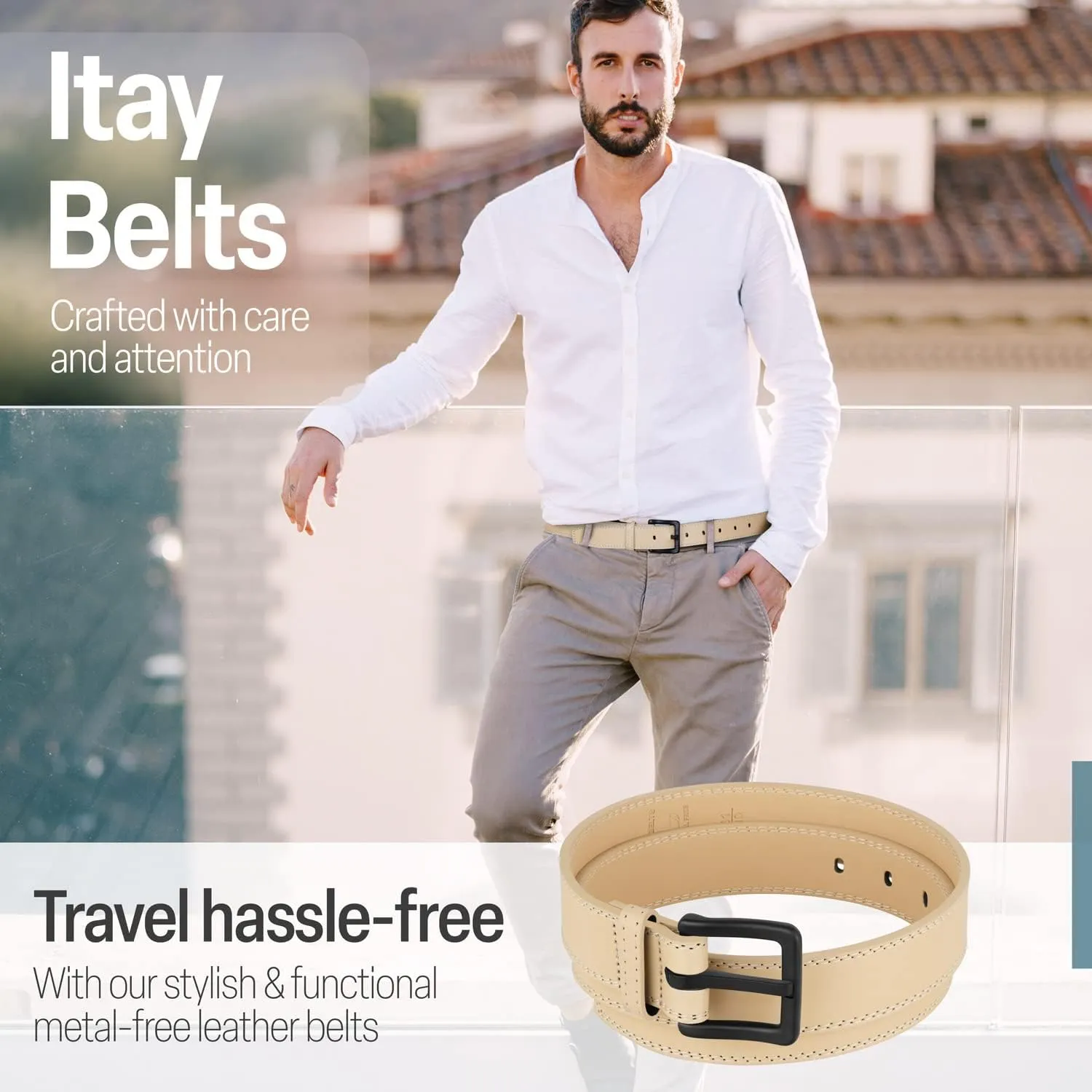 ITAY Metal Free Hypoallergenic Leather TSA Belt Strap, Sturdy Men's Adjustable Nickel Free Belt