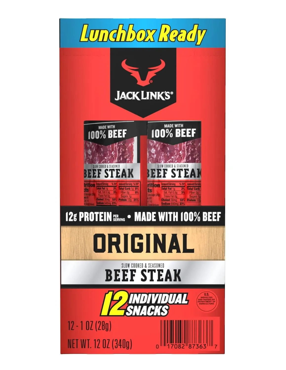 Jack Link's Beef Steak, Original - Protein Snacks, Meat Snack with 12g of Protein, Made with 100% Beef, Individually Wrapped Bulk Snack Pack, Keto Friendly - 1 Oz. (12 Count)