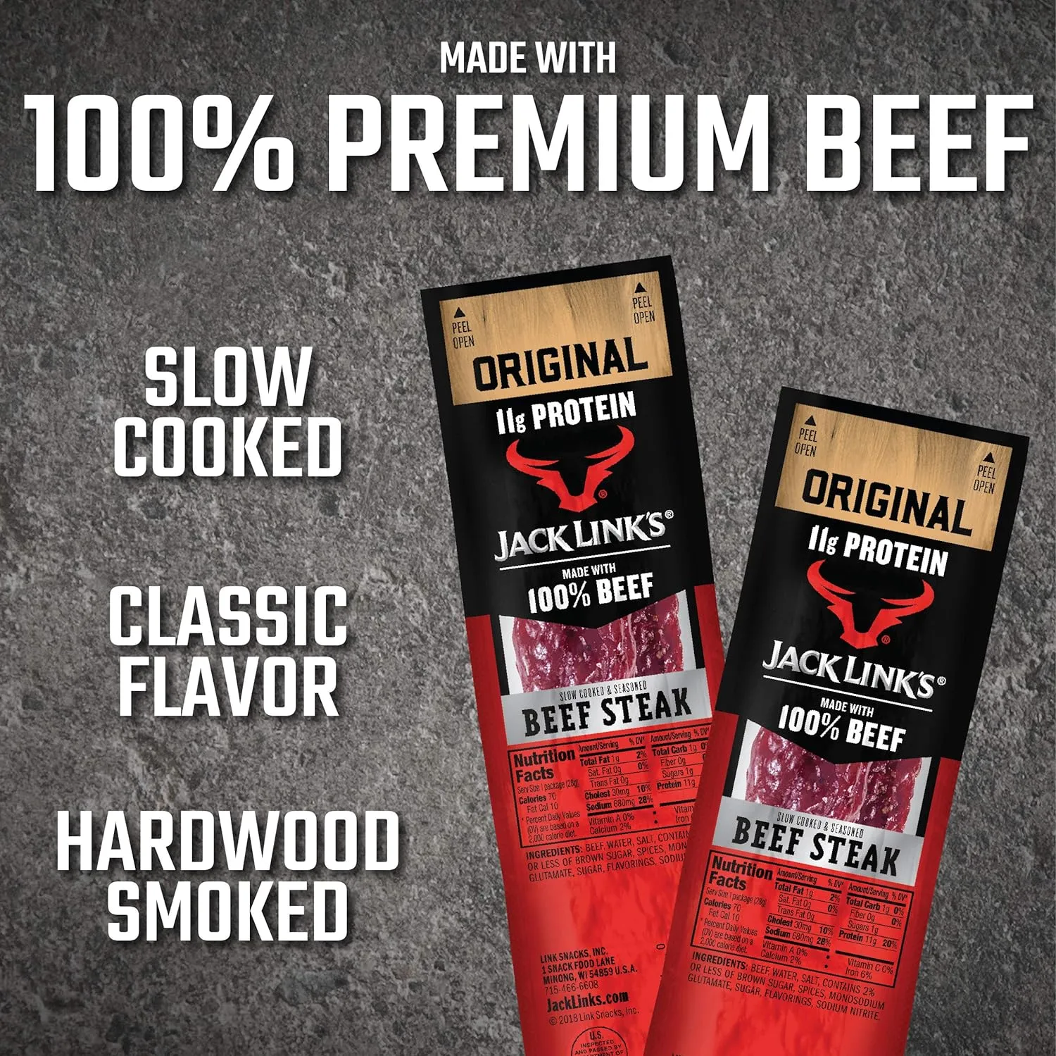 Jack Link's Beef Steak, Original - Protein Snacks, Meat Snack with 12g of Protein, Made with 100% Beef, Individually Wrapped Bulk Snack Pack, Keto Friendly - 1 Oz. (12 Count)