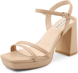 JOY IN LOVE Platform Heels for Women 3.5 Inch Chunky Block Heel Ankle Strap Sandals