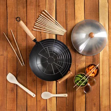 Joyce Chen Professional Series 10 Piece Nonstick Flat Bottom Wok Set, 14", Carbon Steel/Maple