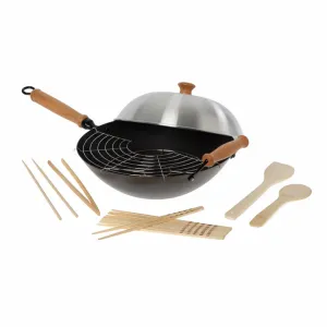 Joyce Chen Professional Series 10 Piece Nonstick Flat Bottom Wok Set, 14", Carbon Steel/Maple