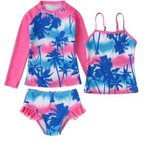 Jurebecia Girls 3 Pieces Bikini Long Sleeve Bathing Suit Swimsuit Summer Beach Tankini Kids Swimwer