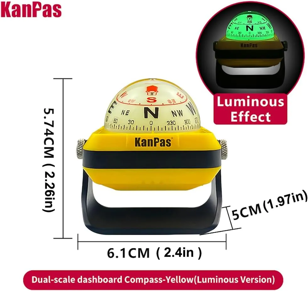 KanPas V-39-L Dashboard Ball Compass for Car with Double Dials Luminous Capsule Adjustable Holder