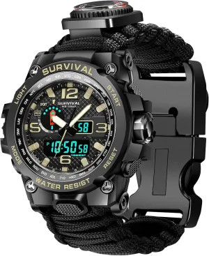 Kavie 23-in-1 Military Tactical Watch for Men, Multifunctional Outdoors Waterproof Survival Watches with Compass Whistle Fire Starter and Thermometer, Paracord Watch Bracelets with Outdoor Army Gear