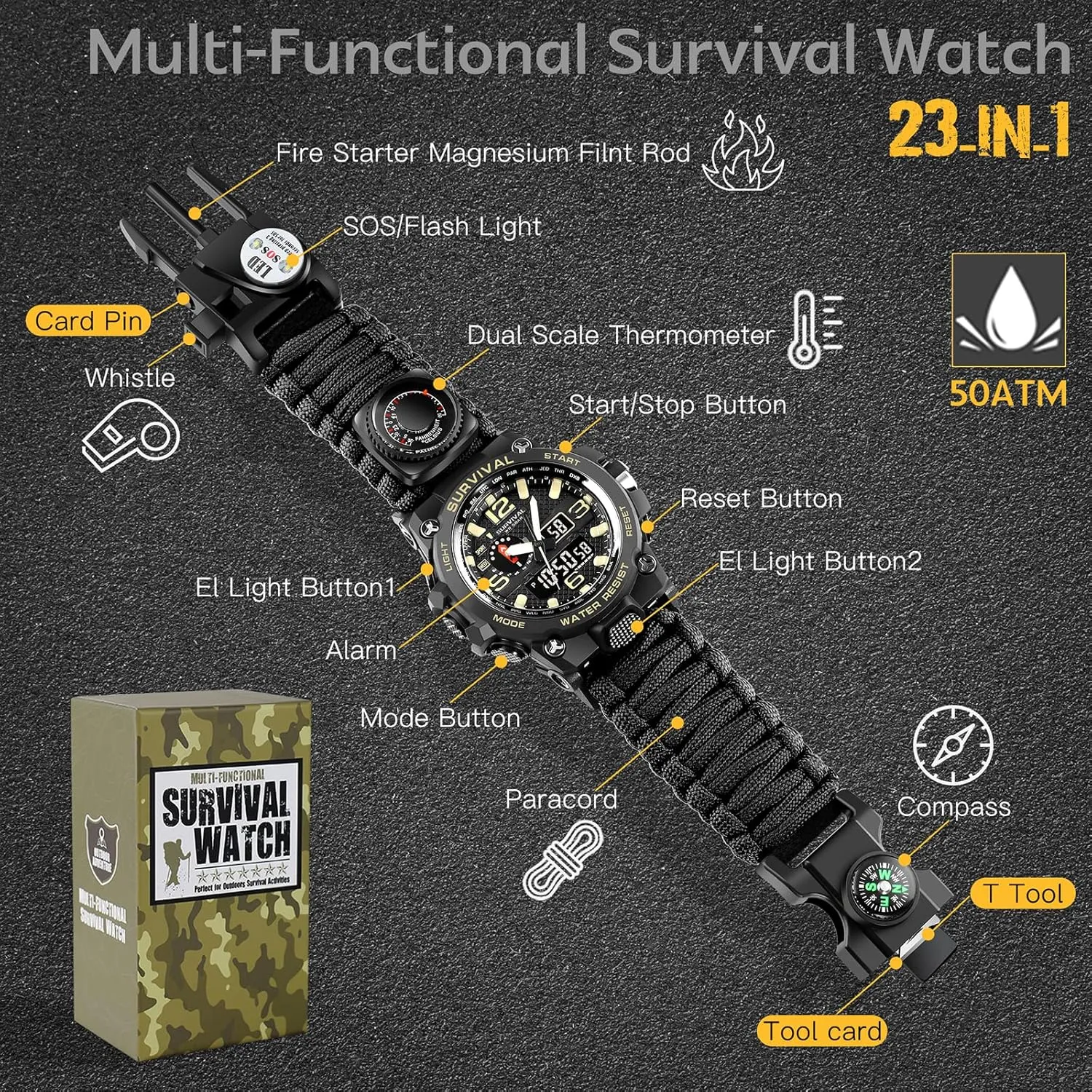 Kavie 23-in-1 Military Tactical Watch for Men, Multifunctional Outdoors Waterproof Survival Watches with Compass Whistle Fire Starter and Thermometer, Paracord Watch Bracelets with Outdoor Army Gear