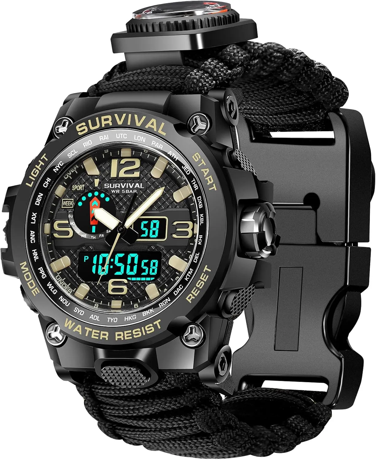 Kavie 23-in-1 Military Tactical Watch for Men, Multifunctional Outdoors Waterproof Survival Watches with Compass Whistle Fire Starter and Thermometer, Paracord Watch Bracelets with Outdoor Army Gear