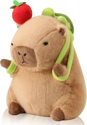 Kawaii Cute Capybara Plush with Turtle Backpack Soft Capybara Stuffed Animal with Apple Capybara Plush Pillow Toy Birthday Gifts for Kids Boys Girls 12 inch