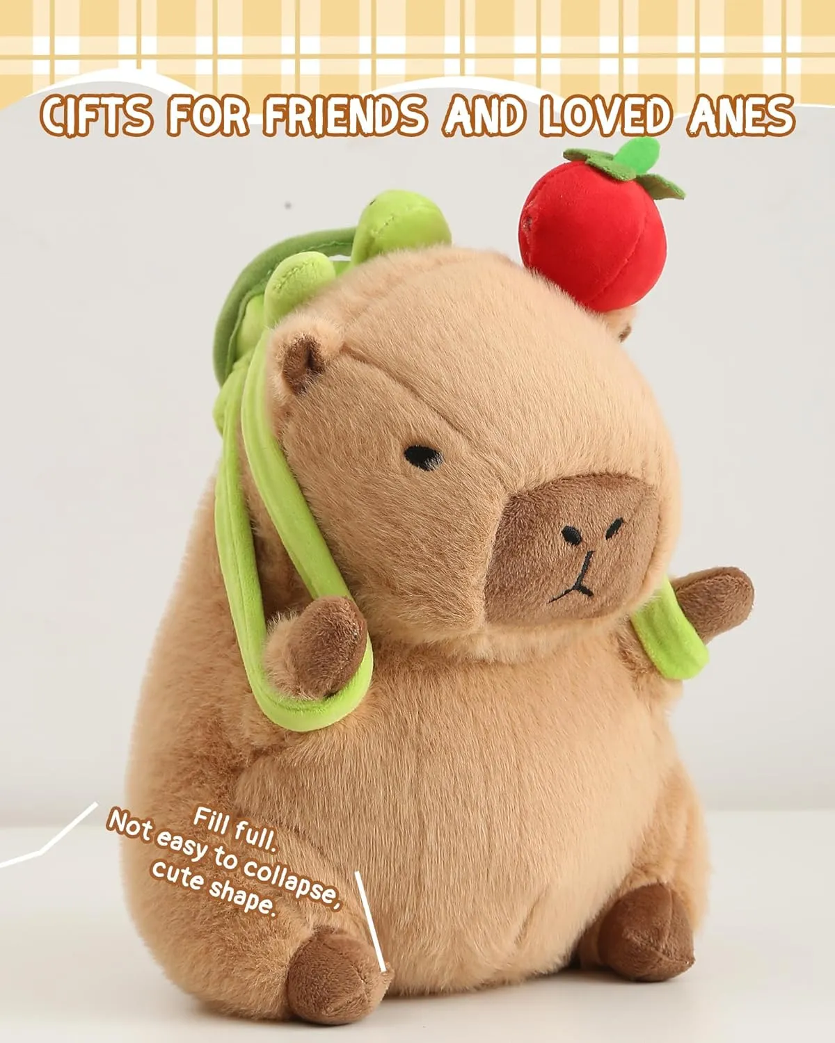 Kawaii Cute Capybara Plush with Turtle Backpack Soft Capybara Stuffed Animal with Apple Capybara Plush Pillow Toy Birthday Gifts for Kids Boys Girls 12 inch