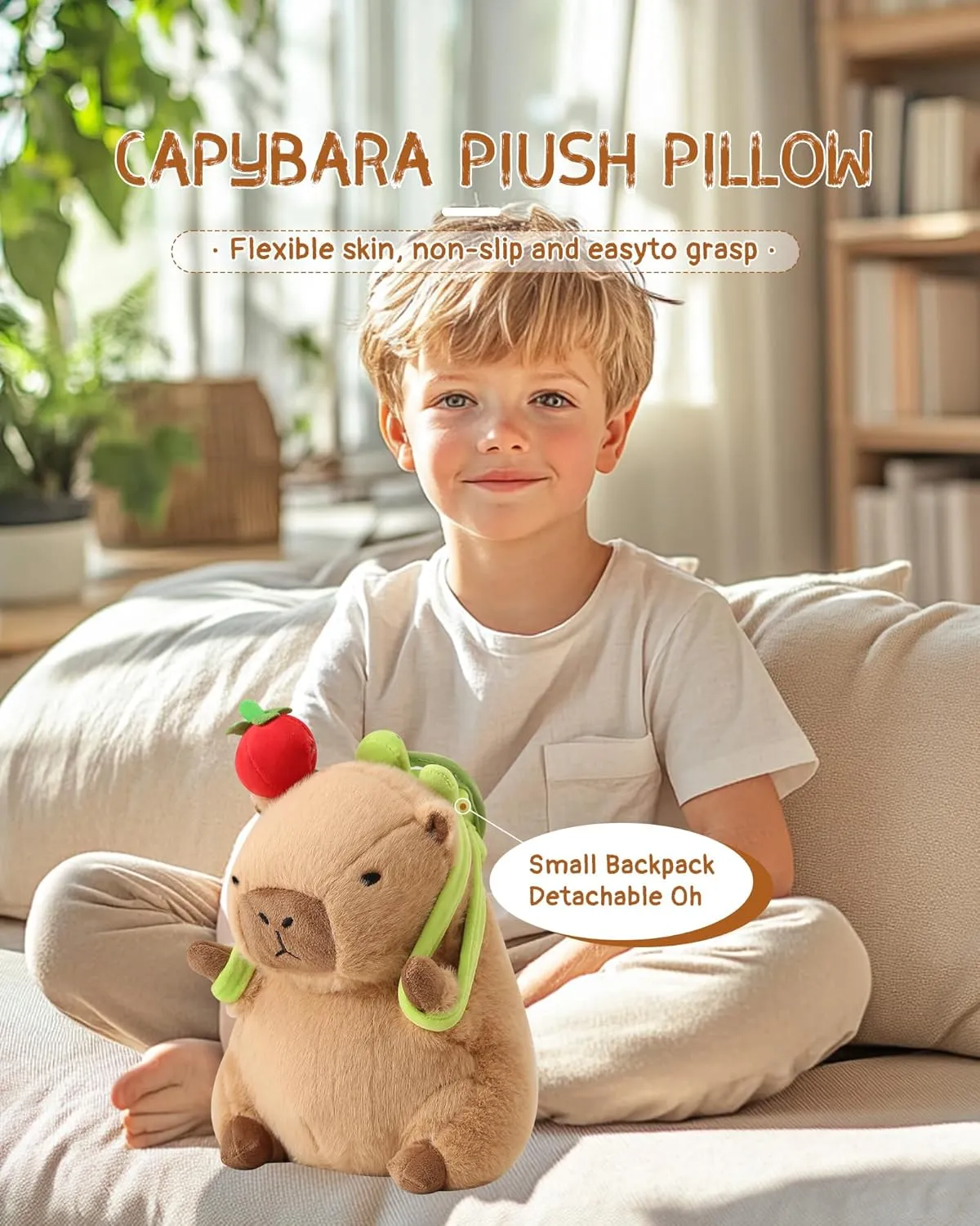 Kawaii Cute Capybara Plush with Turtle Backpack Soft Capybara Stuffed Animal with Apple Capybara Plush Pillow Toy Birthday Gifts for Kids Boys Girls 12 inch