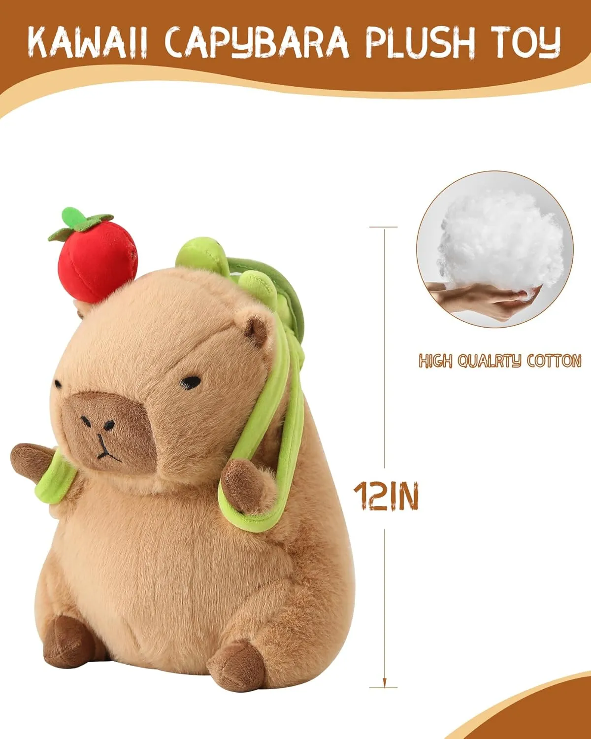 Kawaii Cute Capybara Plush with Turtle Backpack Soft Capybara Stuffed Animal with Apple Capybara Plush Pillow Toy Birthday Gifts for Kids Boys Girls 12 inch