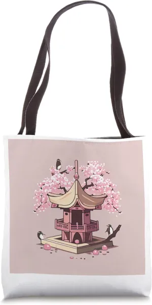 Kawaii Japanese Shrine with cherry blossom tree and birds Tote Bag