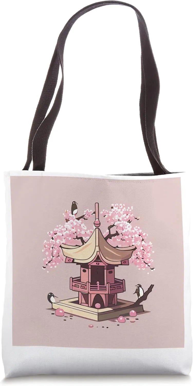 Kawaii Japanese Shrine with cherry blossom tree and birds Tote Bag
