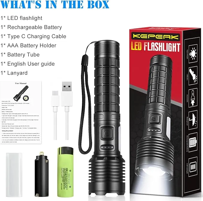 KEPEAK Rechargeable LED Flashlights High Lumens, Super Bright Flashlight with Cob Sidelight, Zoomable, 7 Modes, Handheld Flash Light for Emergencies, Camping, Daily, Outdoor
