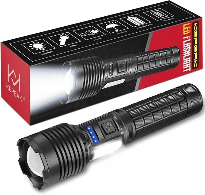 KEPEAK Rechargeable LED Flashlights High Lumens, Super Bright Flashlight with Cob Sidelight, Zoomable, 7 Modes, Handheld Flash Light for Emergencies, Camping, Daily, Outdoor