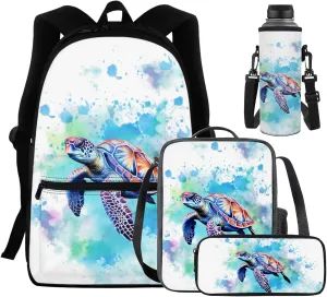 Kids School Backpack Blue Paint Turtle Bookbag for Girls Boys Trendy School Bag with Lunch Bag Pencil Case Water Bottle Holder Reusable Bookpack 4 in 1 Set for School Travel