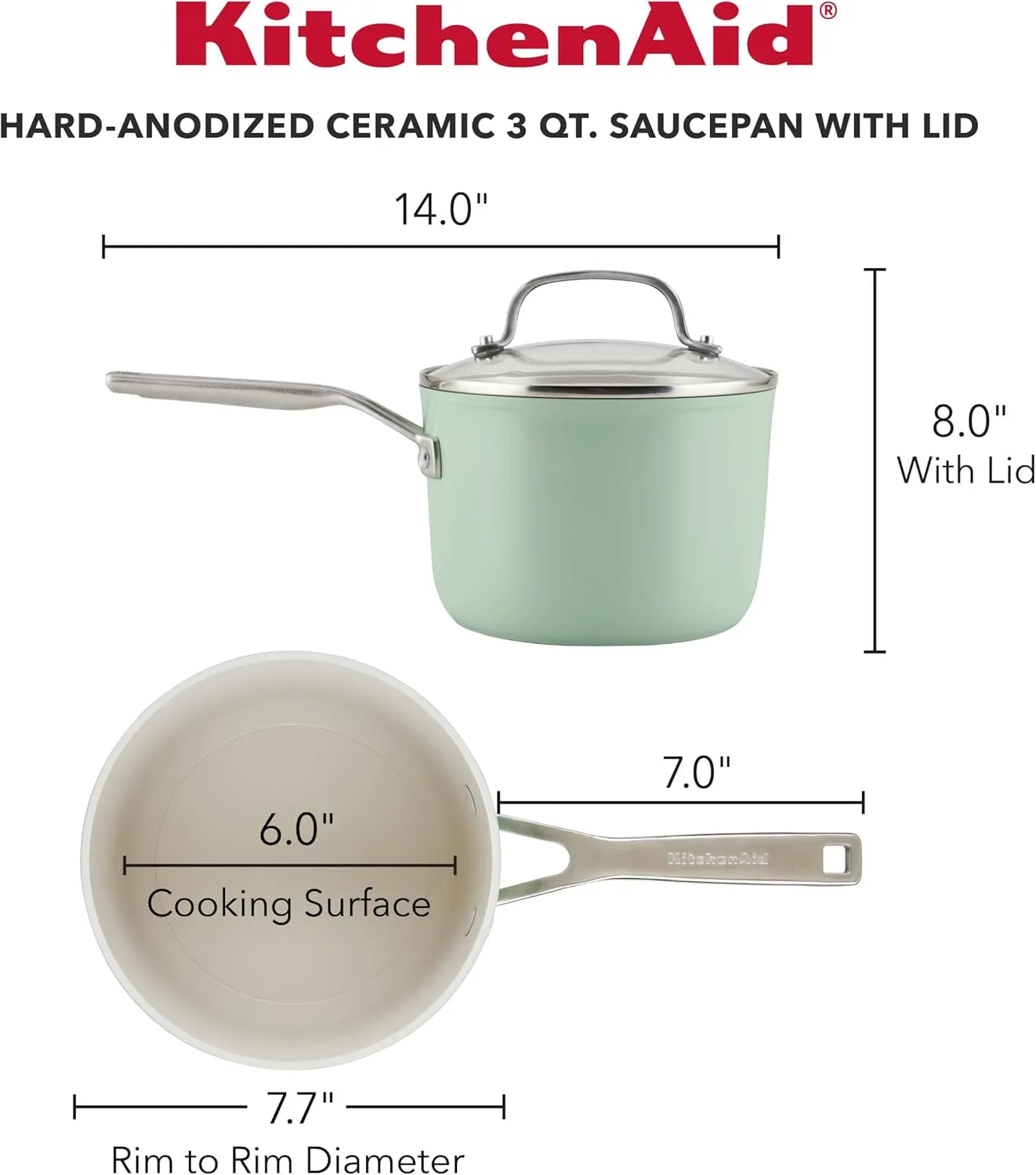 KitchenAid Hard Anodized Ceramic Nonstick Cookware Sauce Pan with Lid, 3 Quart, Pistachio