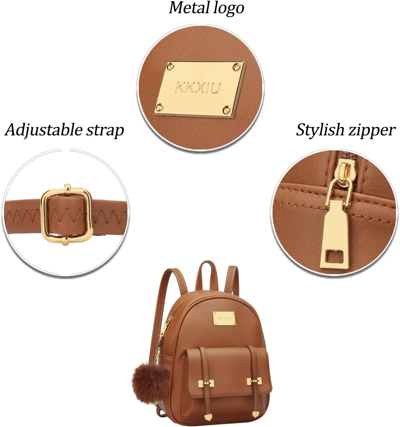KKXIU Girls Small Backpack Purse Vegan Leather Mini Bookbag for Women Cute Teen Pompom Daypack