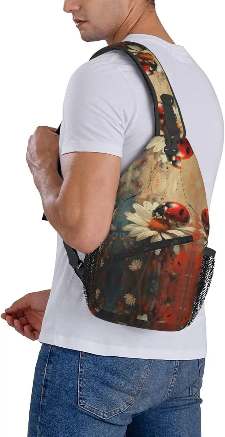 Ladybug Sitting On White Daisy Sling Bag For Men Crossbody Backpack,Women Shoulder Bag For Travel Sport