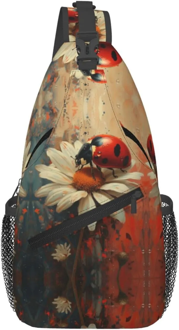 Ladybug Sitting On White Daisy Sling Bag For Men Crossbody Backpack,Women Shoulder Bag For Travel Sport
