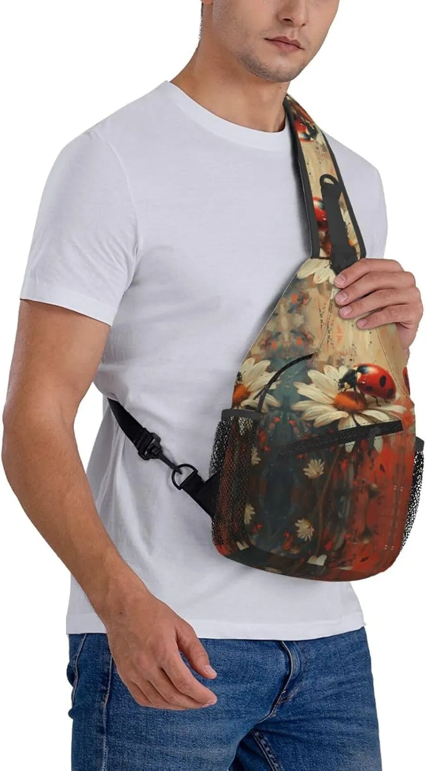 Ladybug Sitting On White Daisy Sling Bag For Men Crossbody Backpack,Women Shoulder Bag For Travel Sport