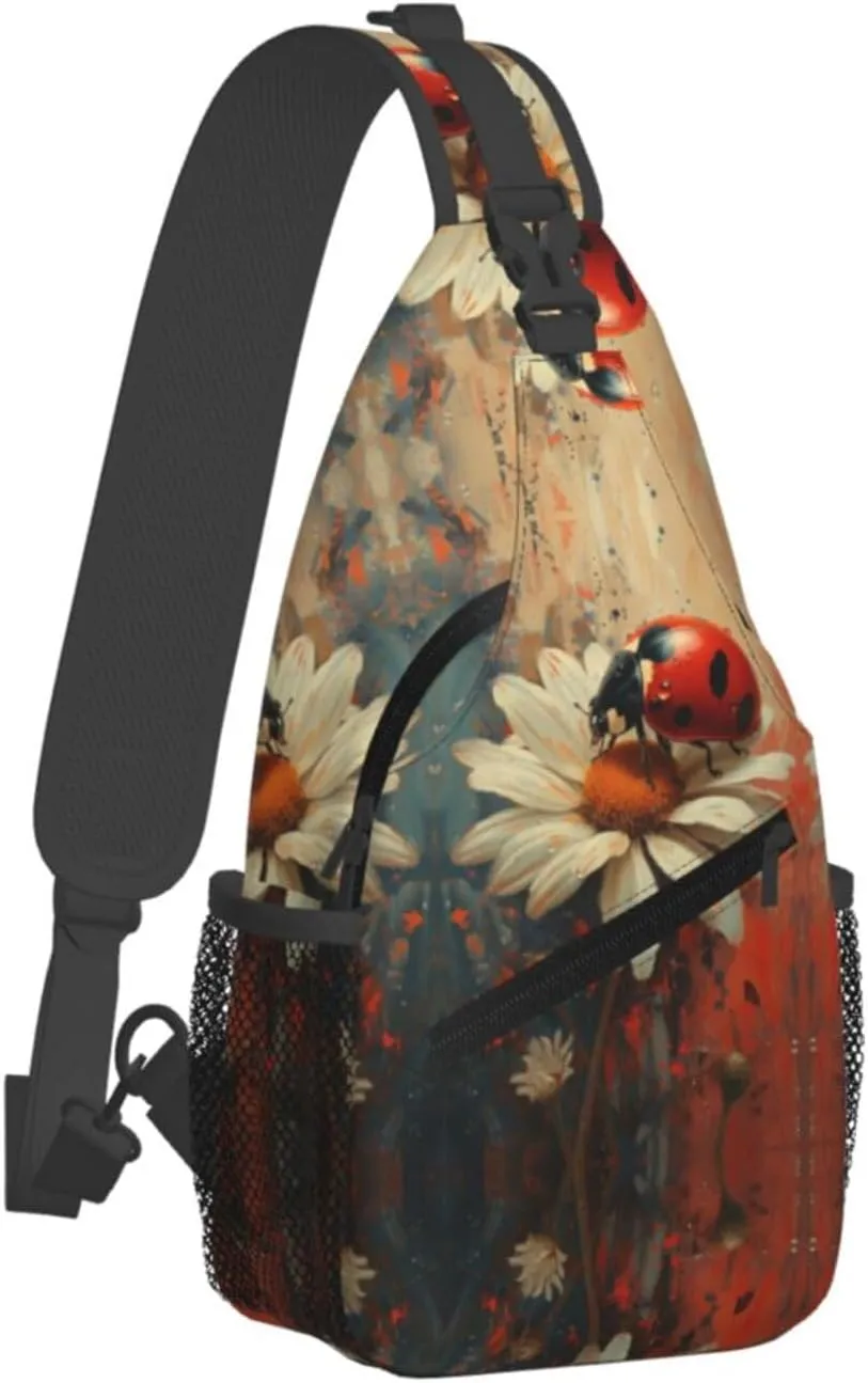 Ladybug Sitting On White Daisy Sling Bag For Men Crossbody Backpack,Women Shoulder Bag For Travel Sport