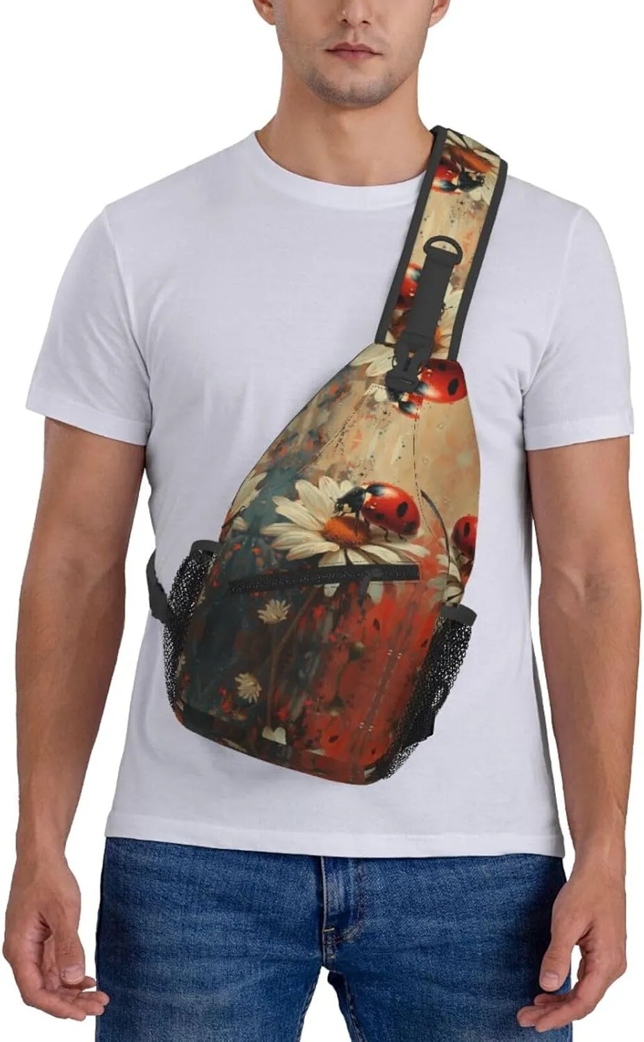 Ladybug Sitting On White Daisy Sling Bag For Men Crossbody Backpack,Women Shoulder Bag For Travel Sport