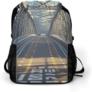 Large Sports Drawstring Backpack Arkway Road Bridge Printed with Dry-Wet Separation | Digital Print Gym Sack | Waterproof Fabric | Shoe Compartment & PVC Pocket | Hydration Mesh for Fitness, Travel, W