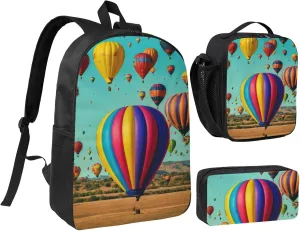 Lavender Hot Air Balloon print Backpack Set Casual Shoulder Bag Lunch Bag Pen Pouch 3 in 1 Set 17inch for Women Men College
